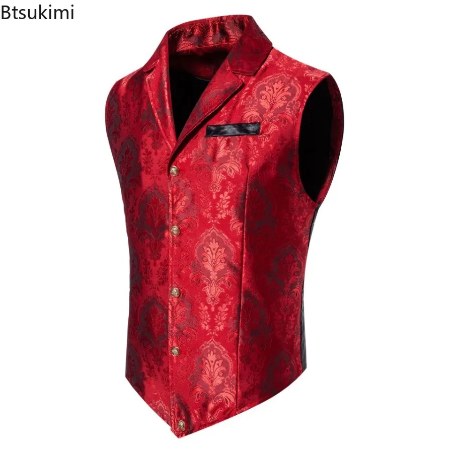 Men's Retro Jacquard Suit Vest Steampunk Gothic Waistcoat Fashion Slim Casual Vest Men Stage Performance Costume Dress