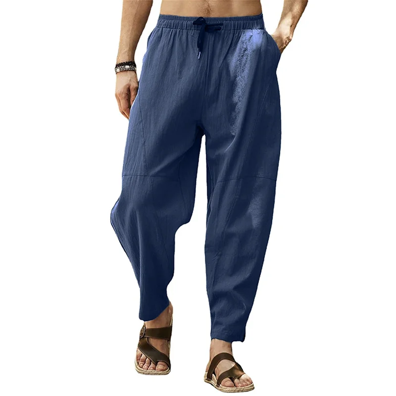 

2023 Men's Long Pants Large Casual Cropped Pants Loose Cotton Linen Drawstring Hip Hop Patchwork Lantern Pants Street Wear