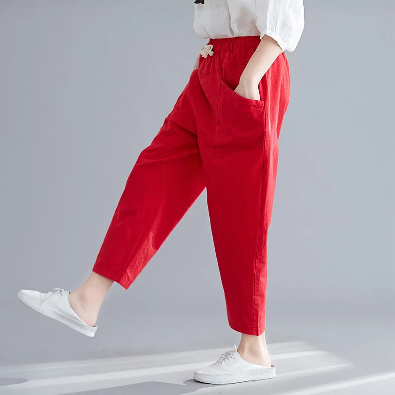 Summer 2022 New Women Cotton Linen Harem Pants Leisure Loose Elastic Waist Solid Color Ankle-length High Waist Pants RV825 joggers Pants & Capris