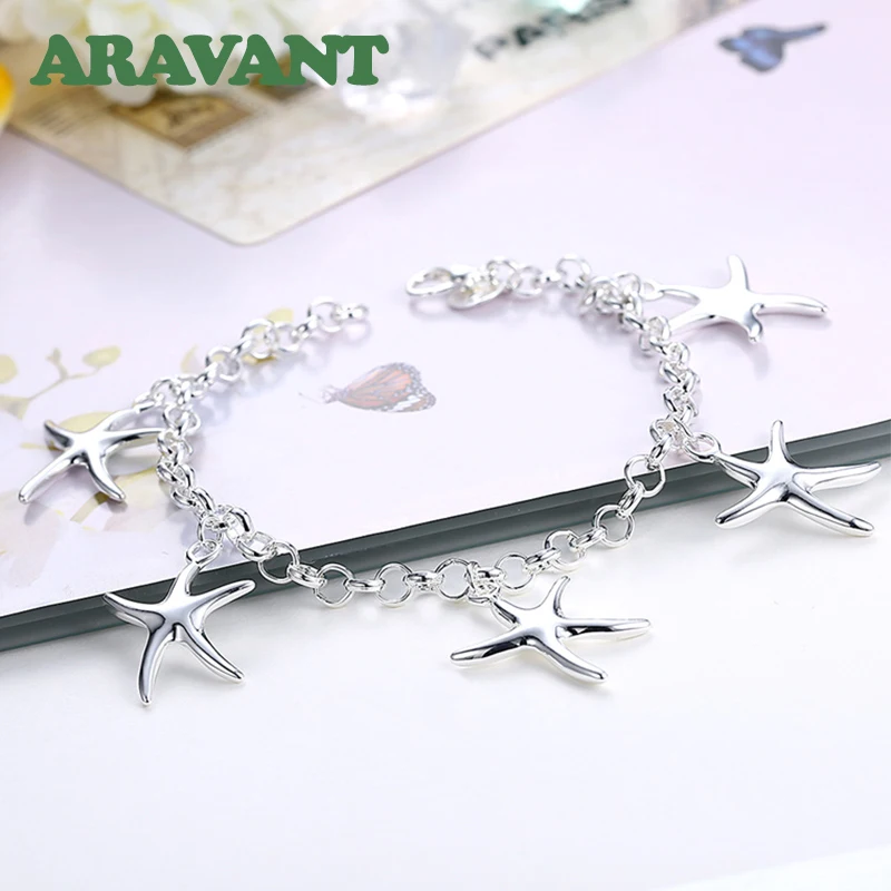 Aravant 925 Silver Romantic Starfish Pendant Necklace Earring Bracelet Set For Women Fashion Jewelry