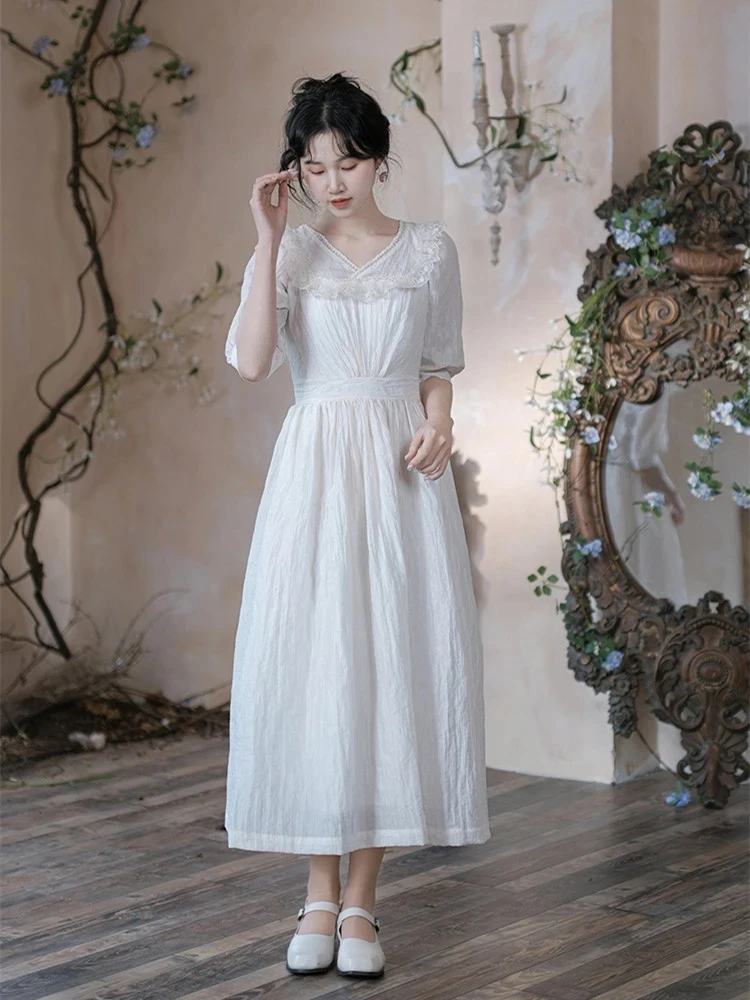 

Spring Autumn Women French Vintage Sweet Fairycore Lace Trimming Slim Waist Comfortable White Maxi Dresses