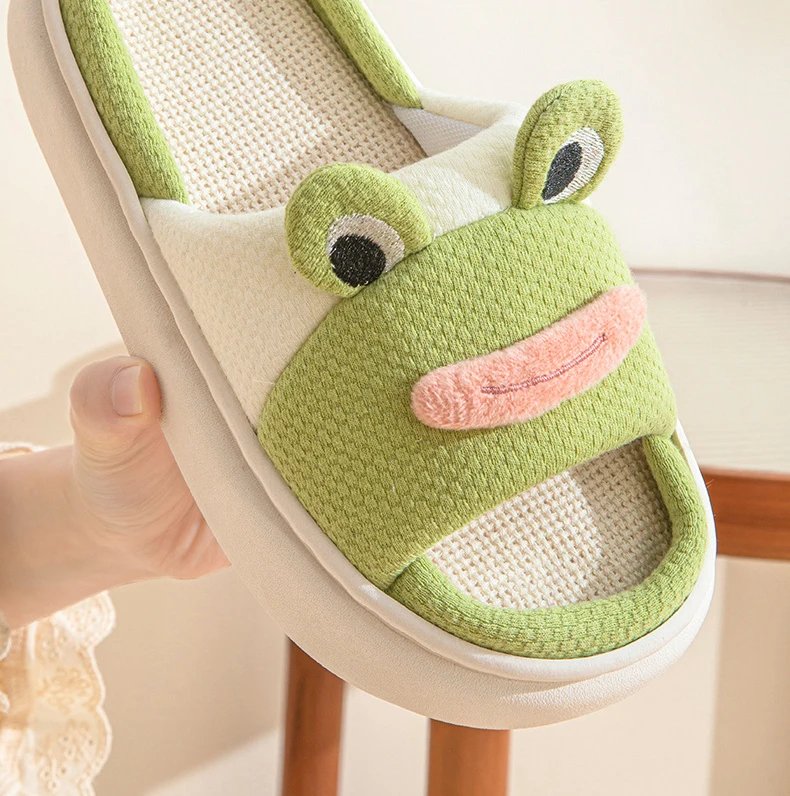 Frog Platform Damen-Hausschuhe, flache Hanf-Cartoon-Designer-Schuhe, niedliche Indoor-Slides für Mädchen, weiche Sohle, offene Zehenpartie, rutschfeste Sohle – Detail 12