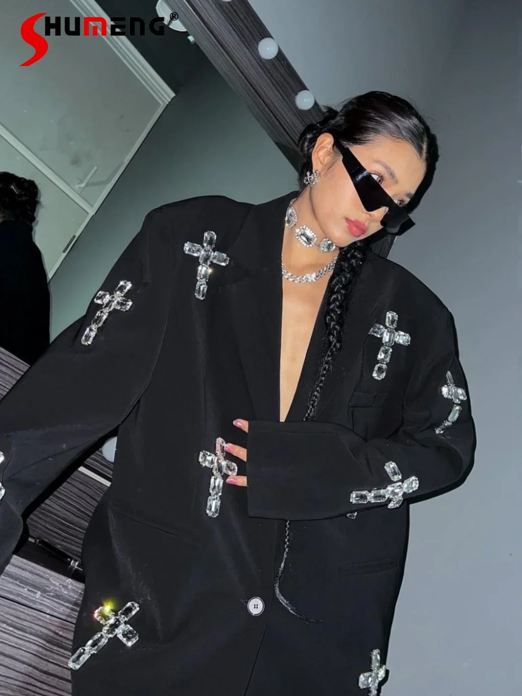 European Crystal Rhinestone Beaded Black Blazer Female 2023 Autumn New Loose Women Suit Collar Long Sleeve Mid-length Suit Coat