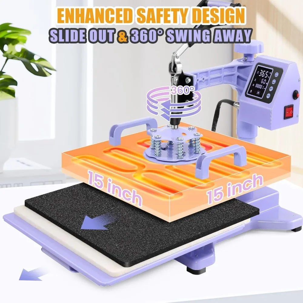 Heat Press Machine for T Shirts 15x15 with 30OZ Tumbler Press 8 in 1 Slide Out & Swing Away Digital Heat Transfer 5
