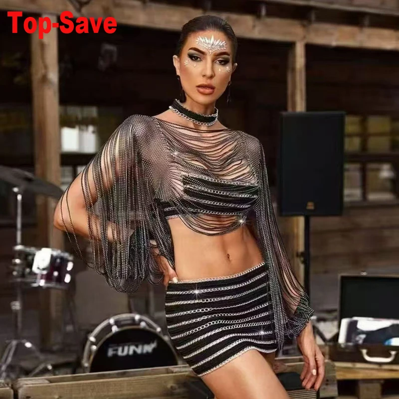 2026 Frühjahr/Sommer Neu Funkelnde Diamant-Halskette Accessoires Kleidung Crop Tops Quasten-Schal Mode Clubwear Langarm-Oberteil