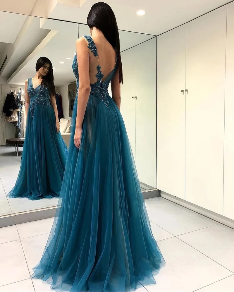 ball gown for women Tulle Evening Dresses 2022 Crystal Beads Sexy Side Slit V-Neck Appliques Pleat Formal Party Prom Gown For Women Sweep Train long sleeve evening gowns