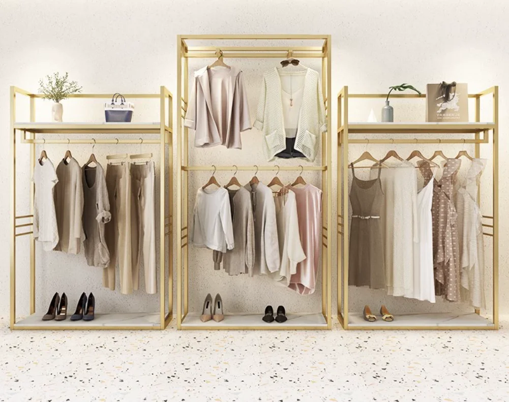 Clothing store shelves, floor standing women's clothing display racks, high-end clothes, gold double-layer hangers, floor standi