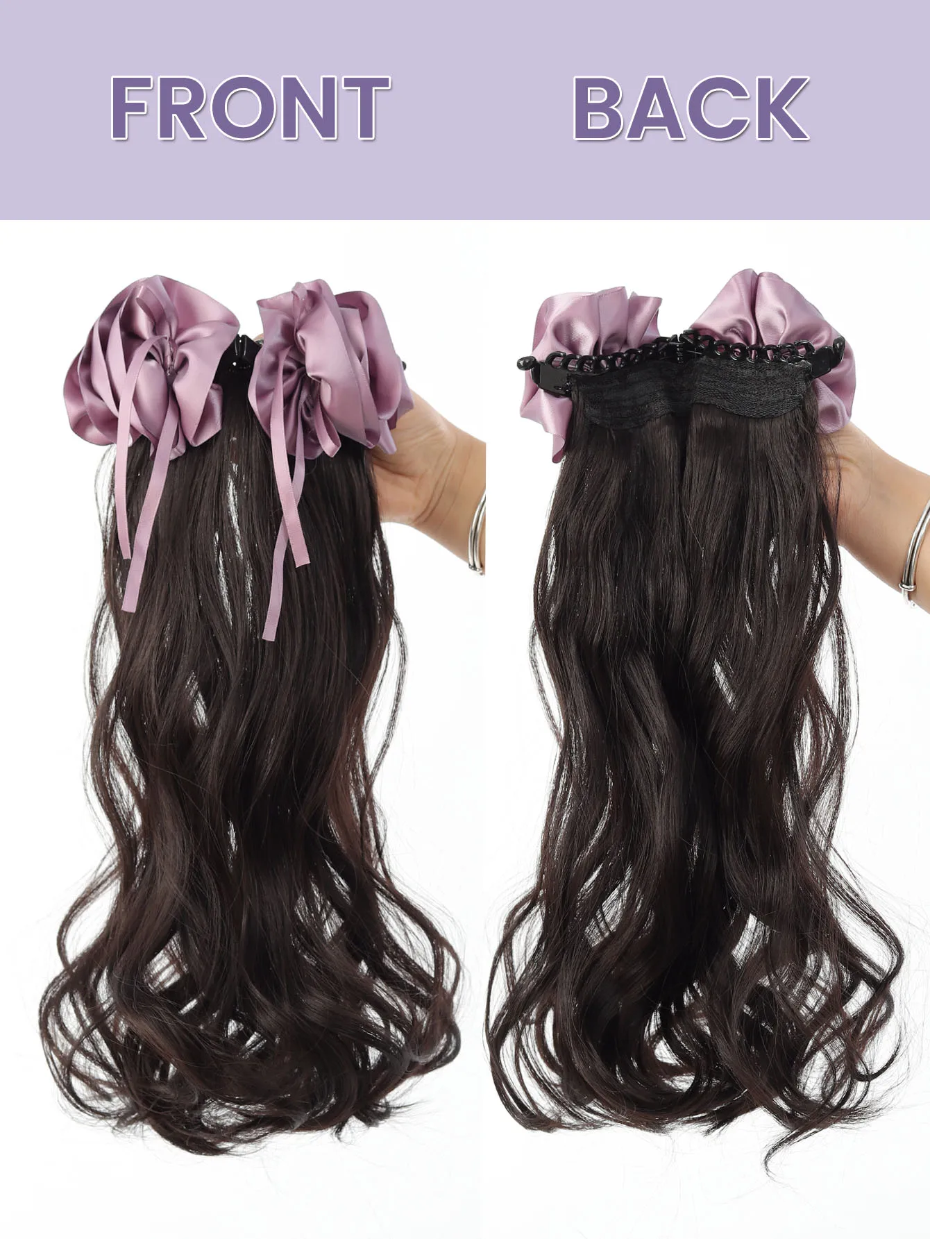 Banana Clip Long Wavy Ponytail Synthetic Clip in Hairtail Extension Fluffy Black Ponytail Wig with Red Flower Hair Accessorie