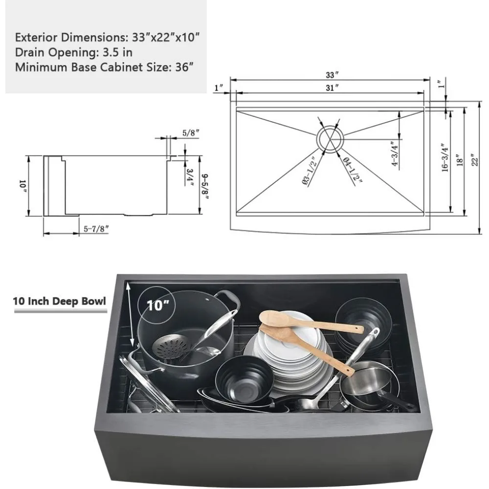 33 Black Farmhouse Kitchen Sink Workstation-VASOYO 33x22 Black Stainless Steel Farmhouse Sink Apron Front Workstation Kitchen