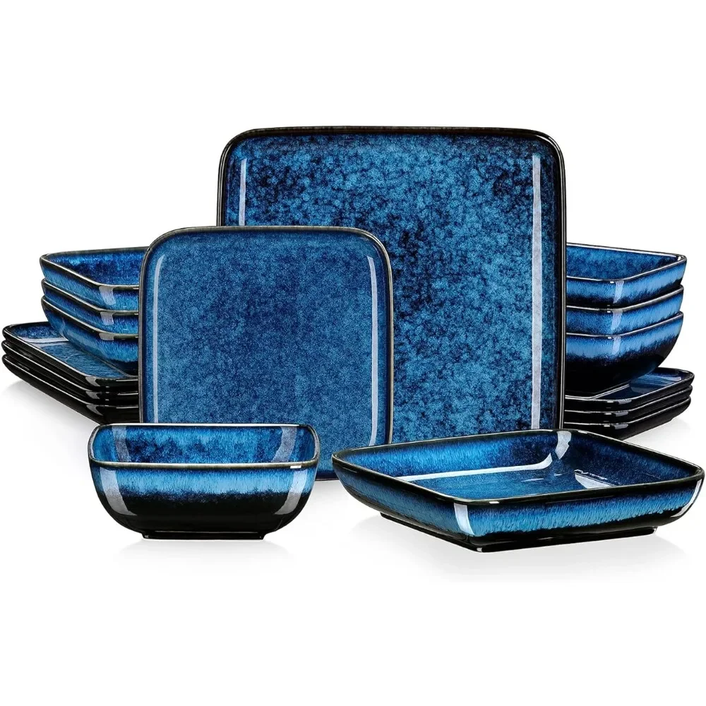 

Stern Blue Dinner Set Square Reactive Glaze Tableware 16 Pieces Kitchen Dinnerware Stoneware Crockery Set With Dinner Plate Dish