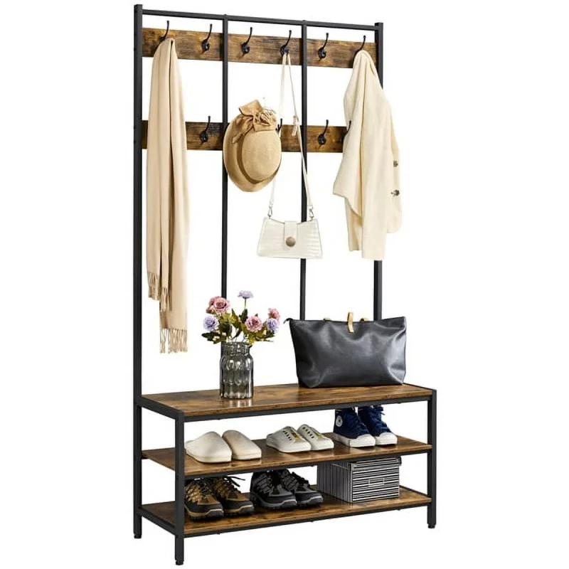 

Easyfashion Industrial Hall Tree with 2 Storage Shelves, Rustic Brown