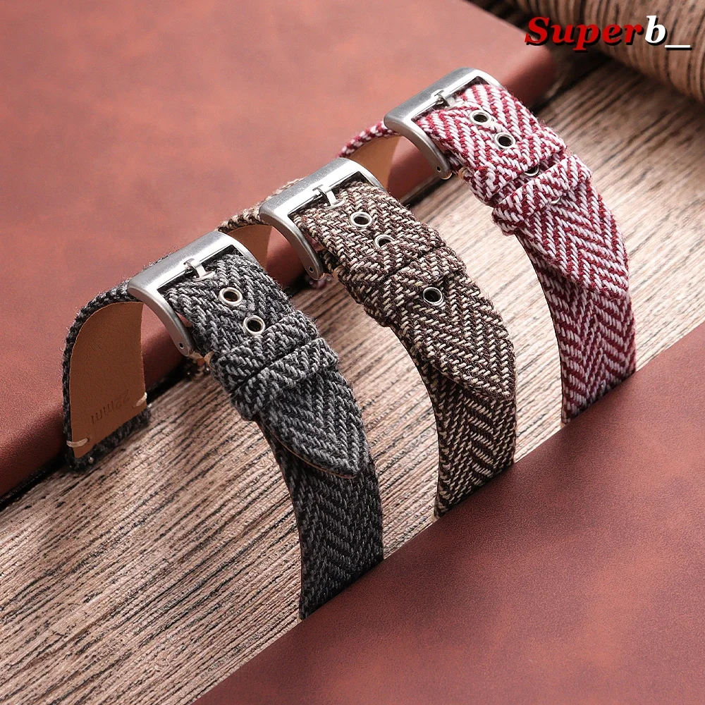 Vintage-Style Woven Fabric & Genuine Cowhide Nylon Watch Band with Quick Release