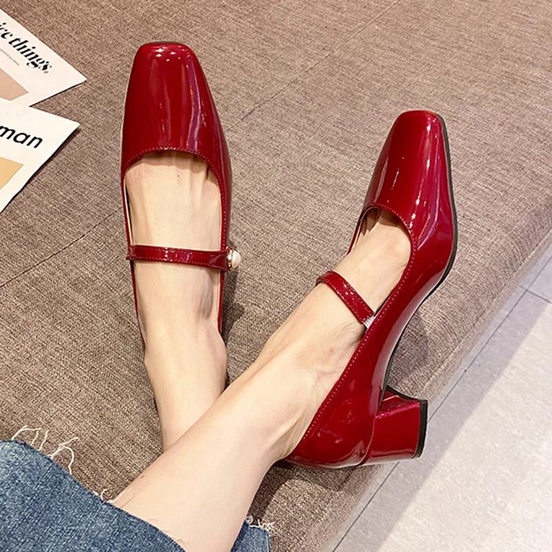 Rimocy Patent Leather Square Heels Pumps Women Pearl Square Toe Med Heel Office Shoes Woman Elegant Slip on Mary Janes Ladies