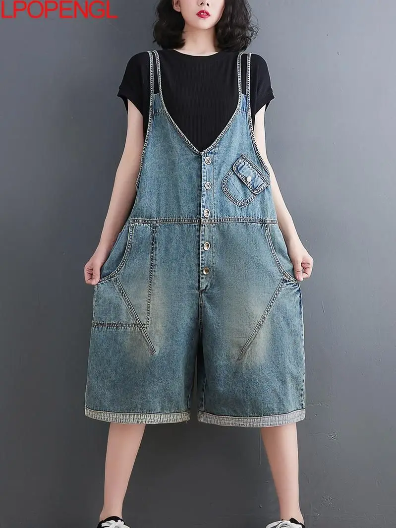 

Short Casual Vintage Overalls For Women Spaghetti Strap Playsuits Female Sleeveless Wide Leg Denim Knee Length Playsuits Ladies