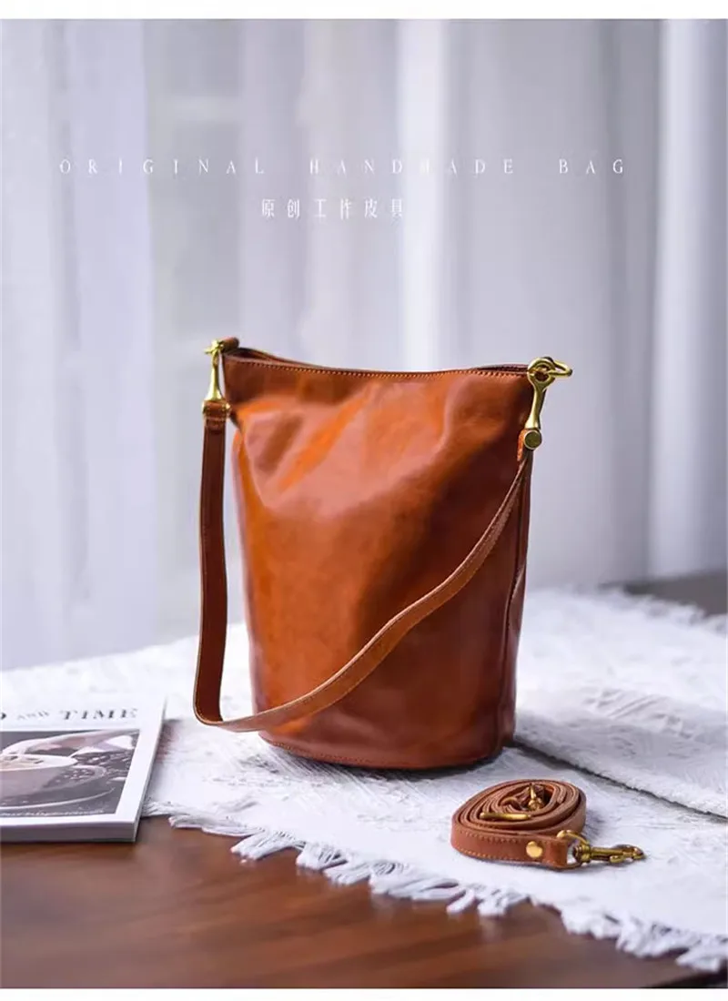 Einfache Vintage-Designer-Eimertasche aus echtem Leder für Damen, modische Party im Freien, natürliche erste Schicht Rindsleder, weibliche Umhängetasche – Detail 5