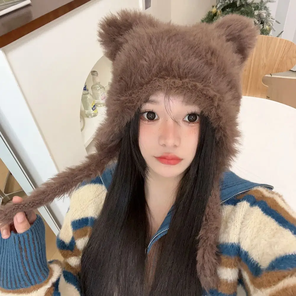 

Solid Color Knitted Hat Fashion Thickened Ear Protection Beanie Hat Winter Warm Cute Bear Bonnet Caps