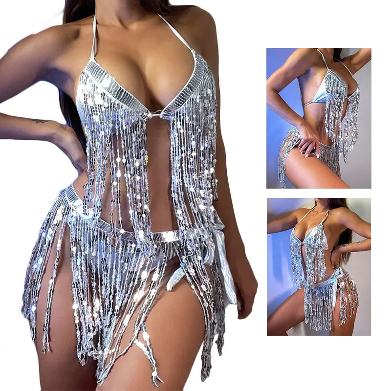 

Sexy Swimsuit Bikini Set Shiny Sequins Tassesl Women Bikinis Sets Swimwear Women Beach Party Costume Bathing Suit for Women