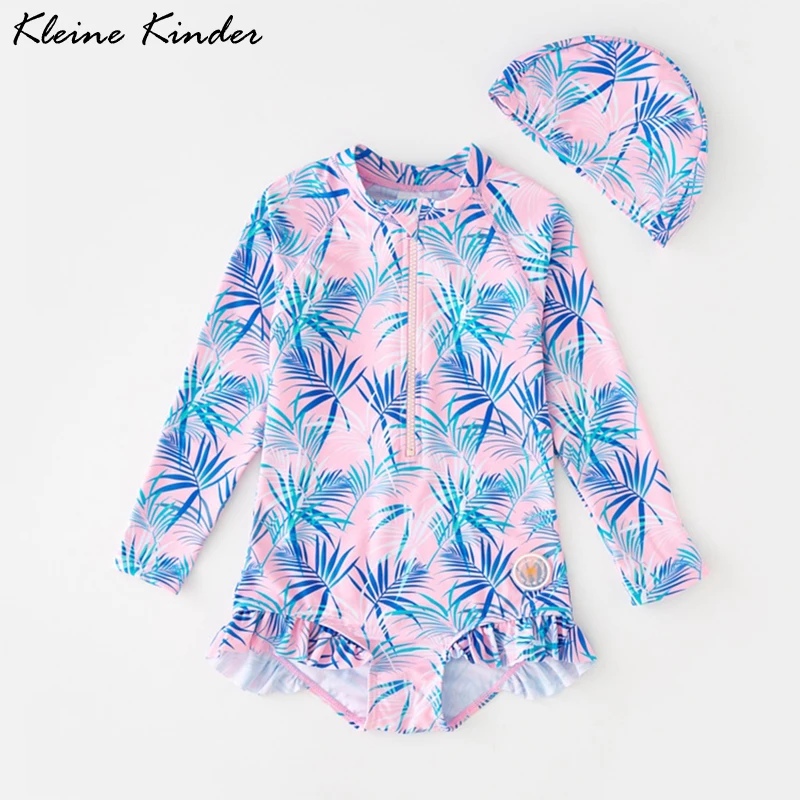 

Girls Swimwear Long Sleeve Leaf Print Children's Swimsuit One-Pieces Summer UPF50 UV Protection Beach Clothes Baby Bathing Suit