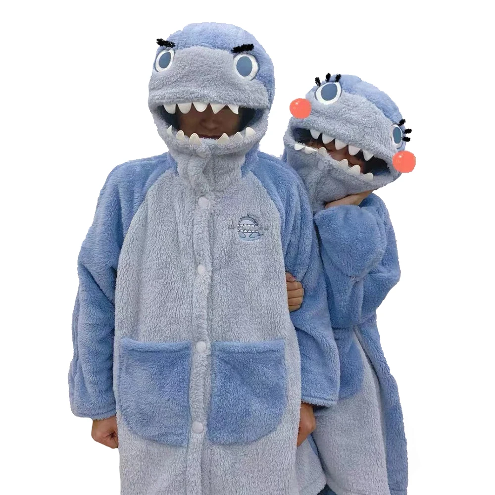 Blue Shark Pajama Pants Set Funny Casual Night-robe Holiday Party Costume Hooded Flannel Clothing Unisex Home Wear For Couples