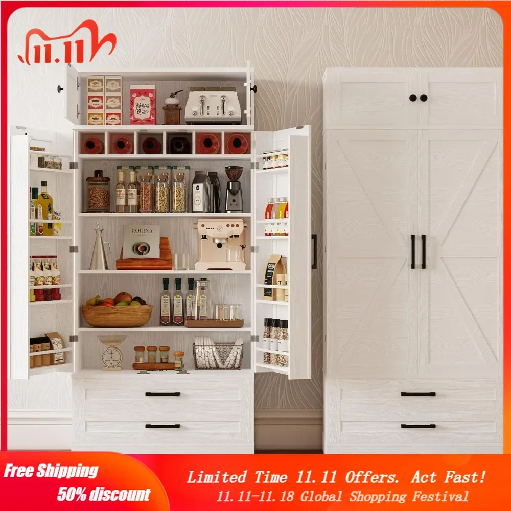 Kitchen Pantry 72" Height, with Eight Hanging Shelves, Two Drawers and Open Storage Cabinet, Freestanding Cupboard