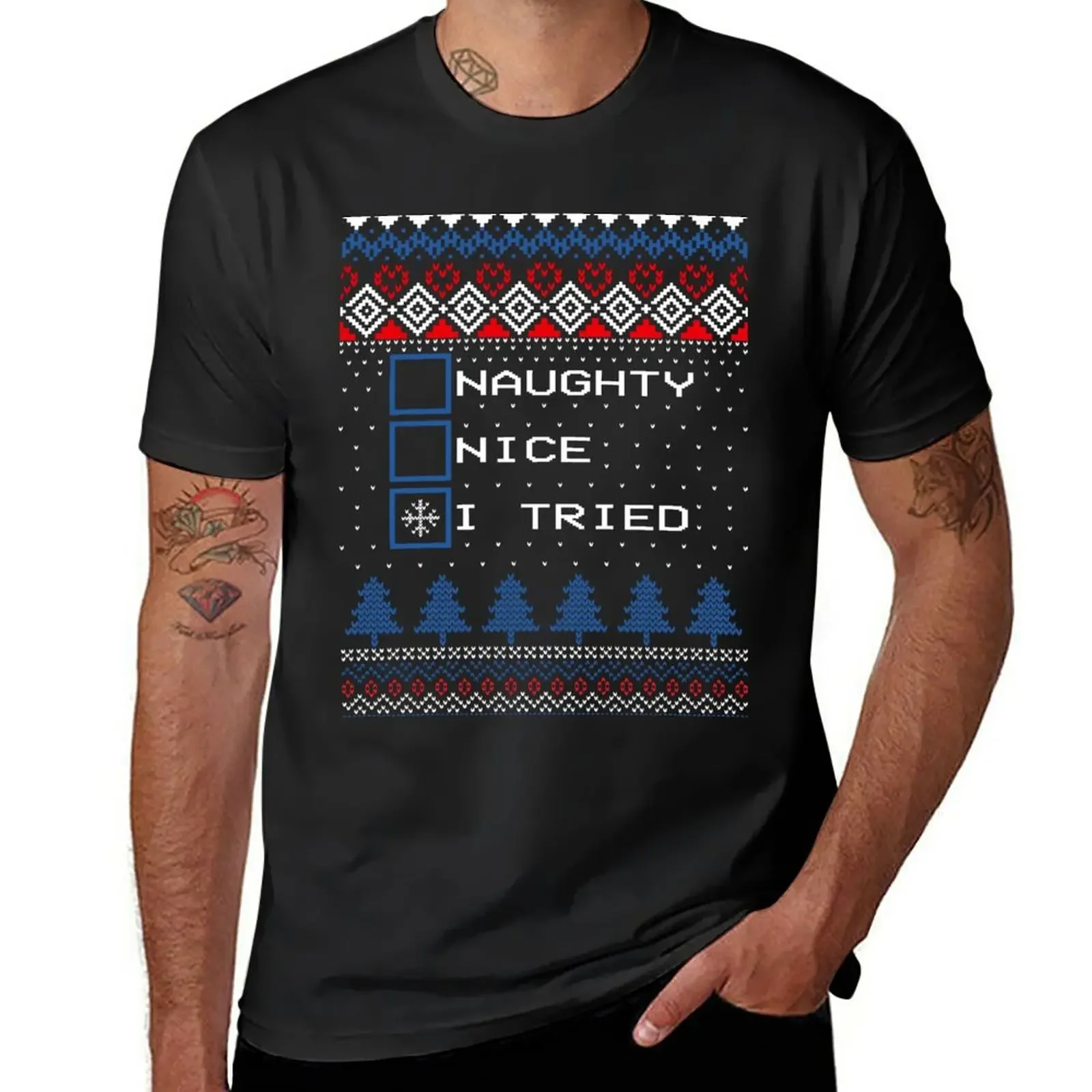 

Ugly Christmas Sweater Naughty Nice I Tried T-Shirt sports fans vintage tees boys whites mens vintage t shirts