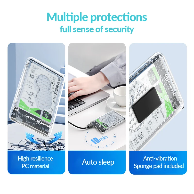 PHIXERO Transparent SATA to USB3.0 Hard Drive Enclosure 2.5 inch Type-C External HDD Case Support UASP for 6TB SSD/HDD Enclosure