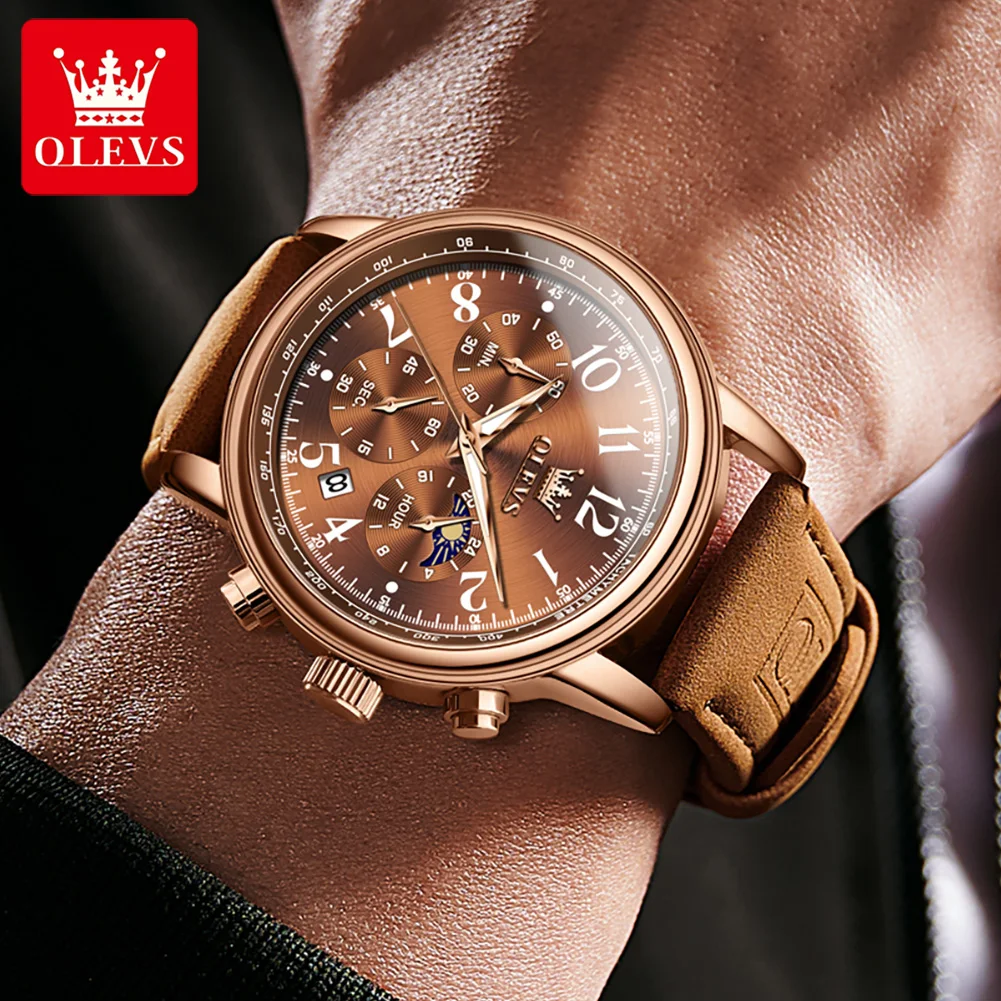 OLEVS Top Quartz Watch for Men Leather Strap Waterproof Luminous Chronograph Sports Wristwatches Luxury Moon Phase Man Watch New