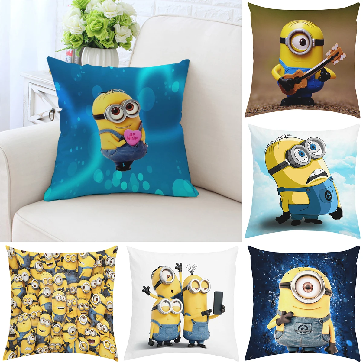 

Cute sofa cushion cover M-Minions double-sided printed pillowcase chair backrest children's bedside backrest custom gift 45x45cm