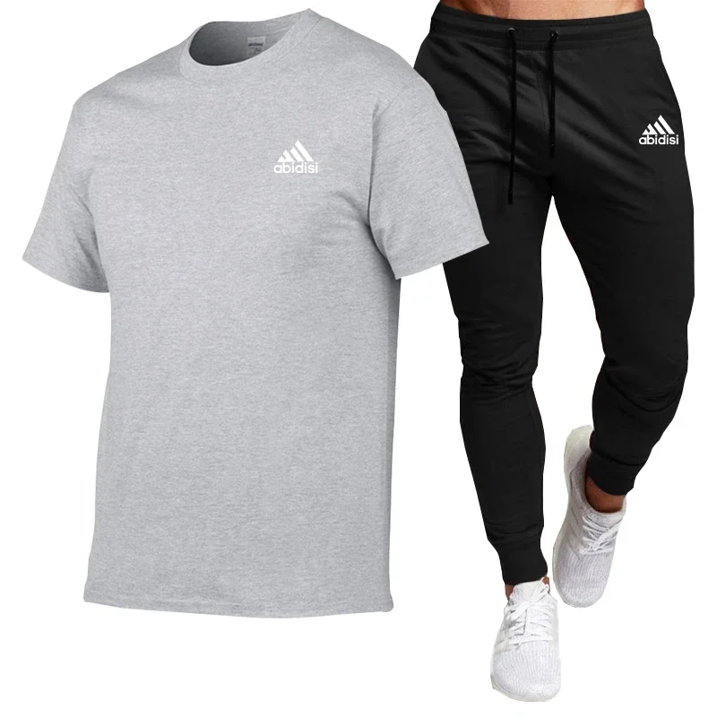 Summer men's short-sleeved cotton T-shirt top + black casual pants 2-piece fitness jogging stylish and comfortable sports suit