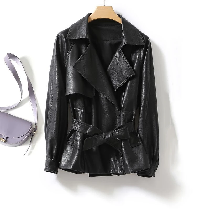 Fashionable Genuine Leather Jacket for Women Waist-tied Loose Version Spring Autumn Black Brown Casual Stylish Aesthetic