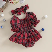 Citgeett Summer Christmas Infant Baby Girls Bodysuit Dress Plaid Print Short Puff Sleeve Jumpsuit + Bow Headband Xmas Clothes 4