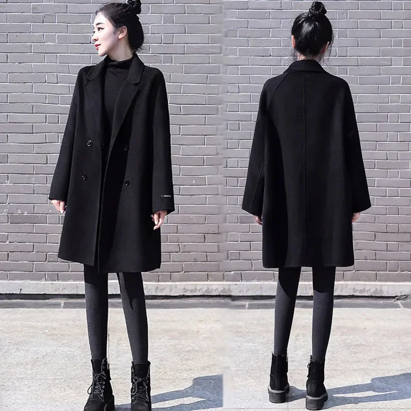 

2023 Black Hepburn Style Woolen Coat Women's Mid Length Loose Fashion Simple Commuter Show Thin Woolen Coat Autumn and Winter