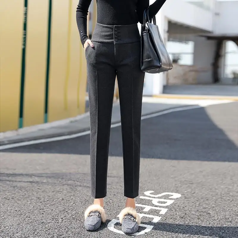 Autumn Winter Woolden Blend Suit Pants Women Korean Button High Waist Straight Pantalones Office Lady Stretch Casual Trousers