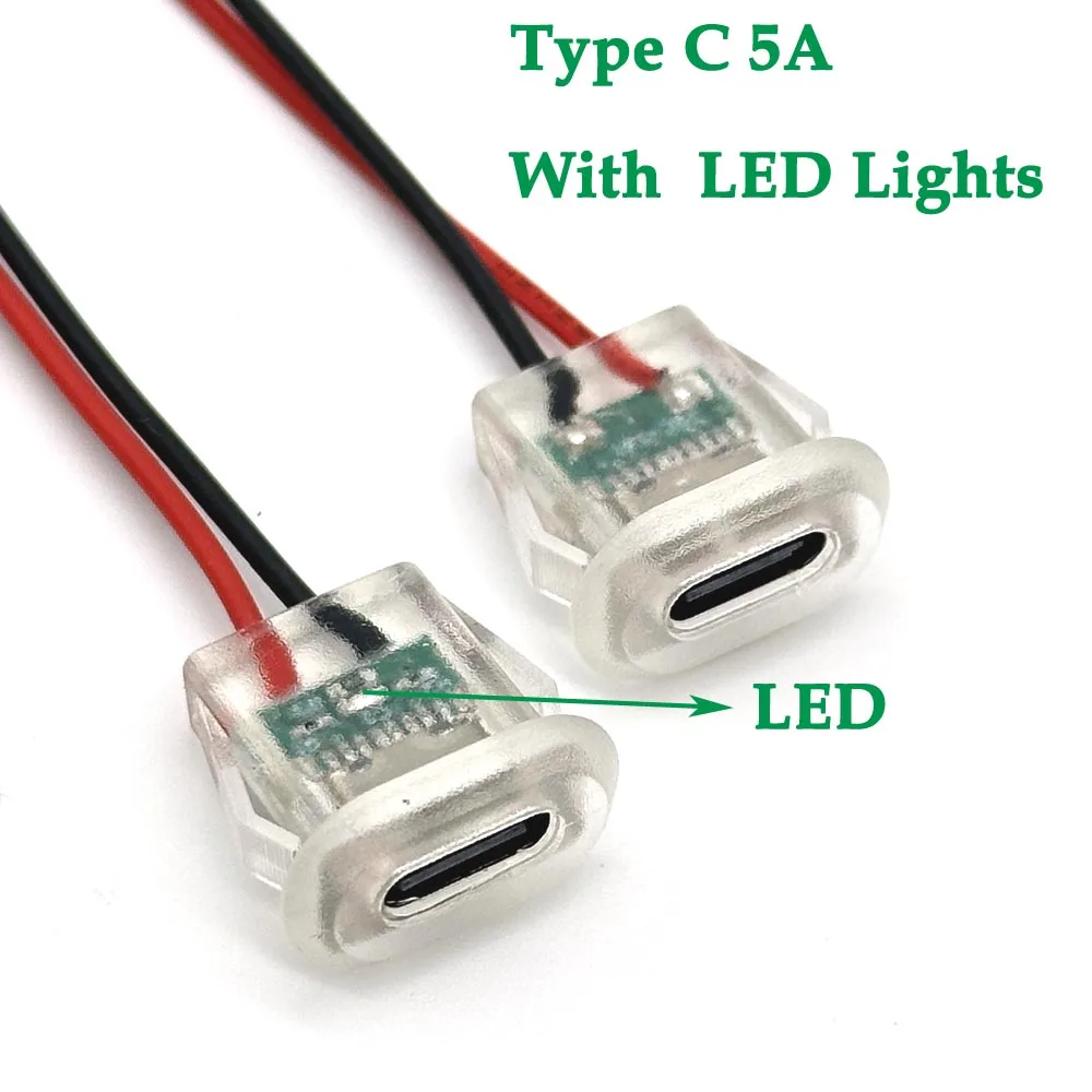 Conector USB Tipo C de 2 Pines, 5A, Entrada de Carga con Luces LED, Placa Impermeable, Puerto de Alimentación USB-C, Conector Hembra Tipo C