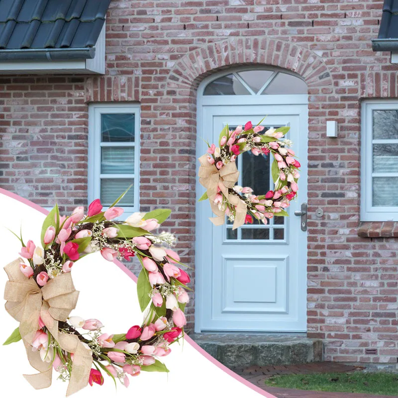 

Artificial Tulip Wreath Simulation Spring Flower Garland Wall Hanging Pendant Easter Decor Green Leaves Garden Supplies