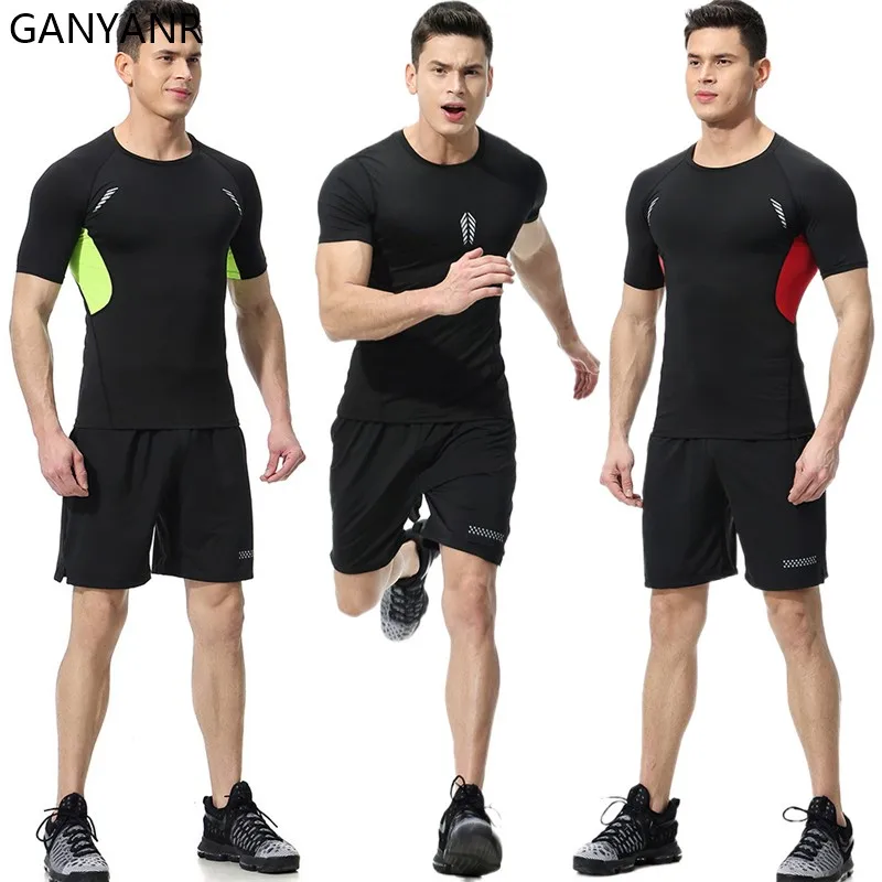 

GANYANR Running Set Men Tracksuit fitness Soccer basketball Pullover Football Sports suit gym T-shirt Shorts Sportswear Clothing