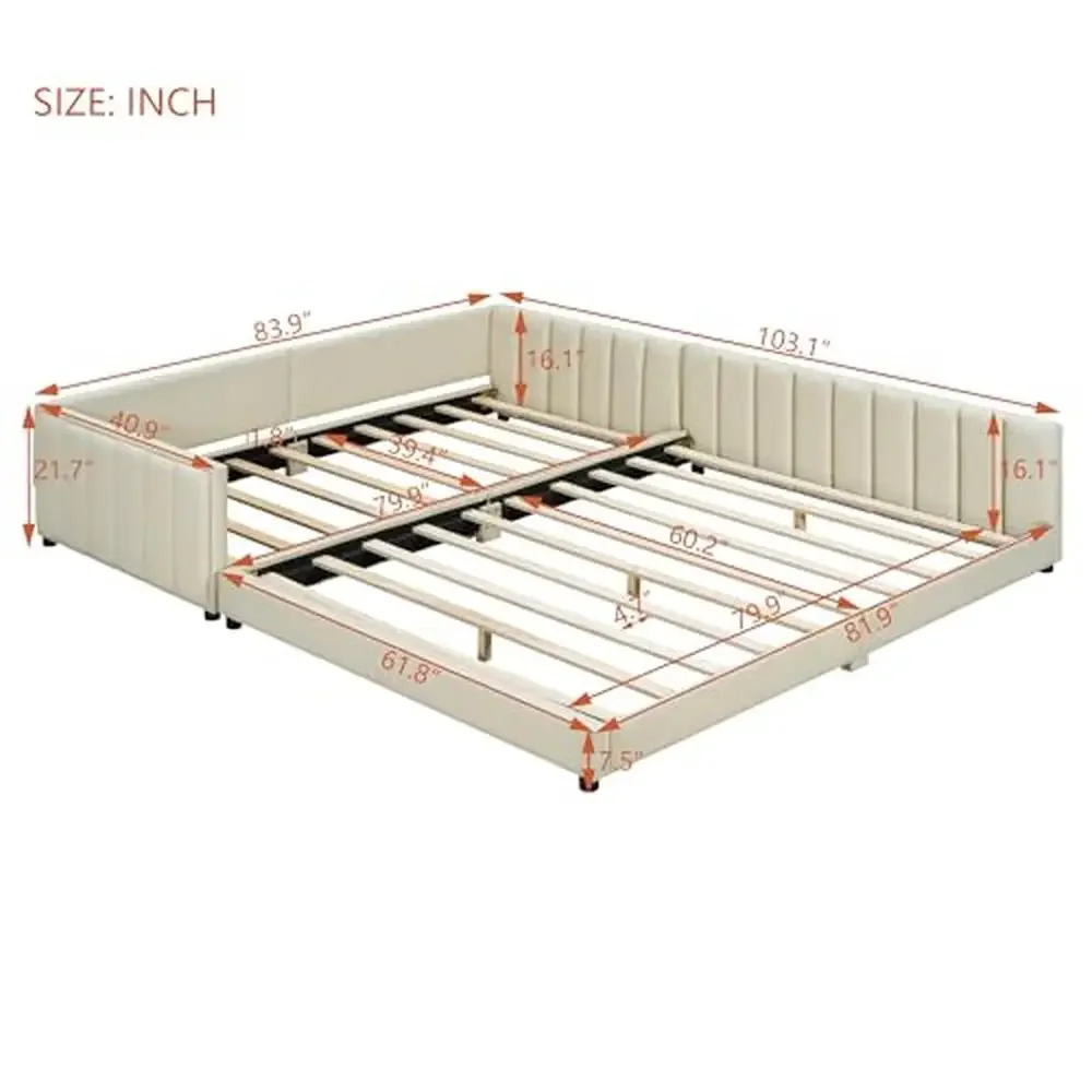 Dual Function Mother & Child Upholstered Platform Bed Set with Safety Guardrails Elegant PU Leather Design Queen Size & Twin XL 2