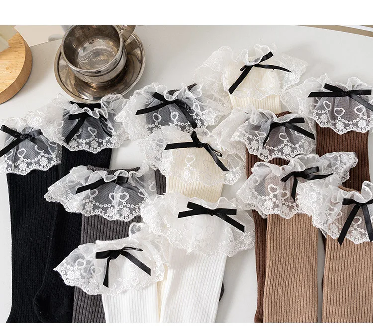 1 Pair Lace Ruffle Calf Sock for Kids Girl Korean Fashion Frilly Bowknot Sock for Children Spring Summer Soft Cotton School Sock 15