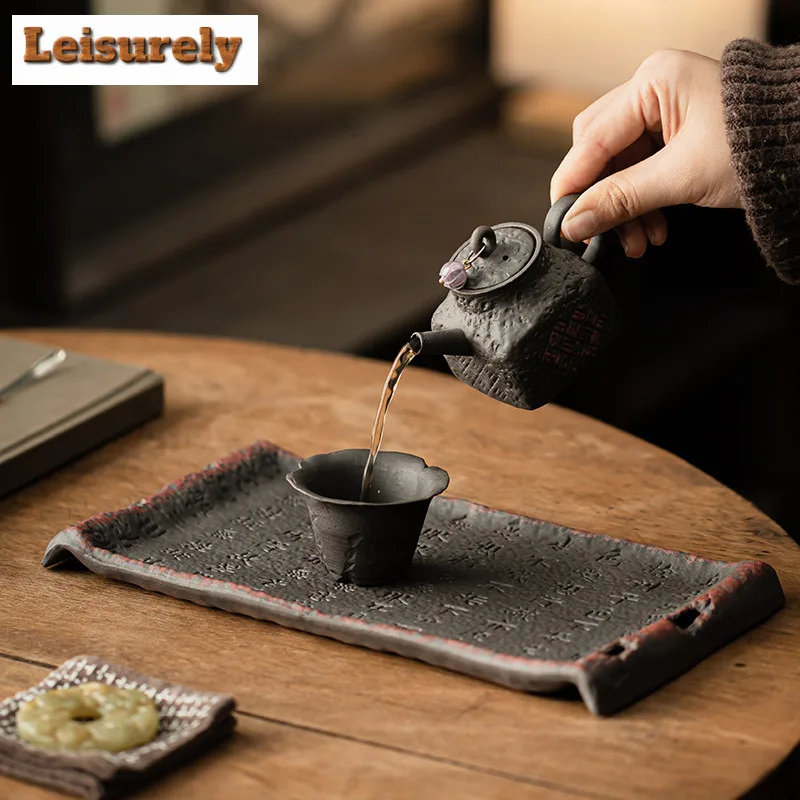 Old Rock Mud Engrave Scriptures Tea Tray Dessert Candy Tray Coffee Storage Board Teapot Holder Dishes For Serving Teaset Gifts
