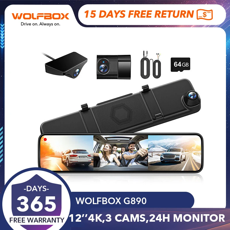 Wolfbox G890 3 Channel Mirror Dash Cam 12 Full HD Rear View