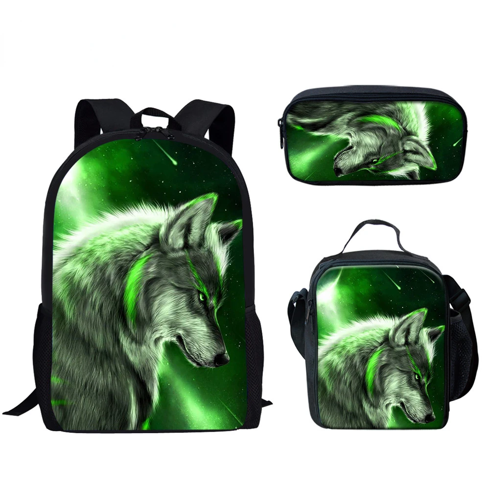 Classic Creative Popular Funny Moon Wolf 3D Print 3pcs/Set pupil School Bags Laptop Daypack Backpack Lunch bag Pencil Case