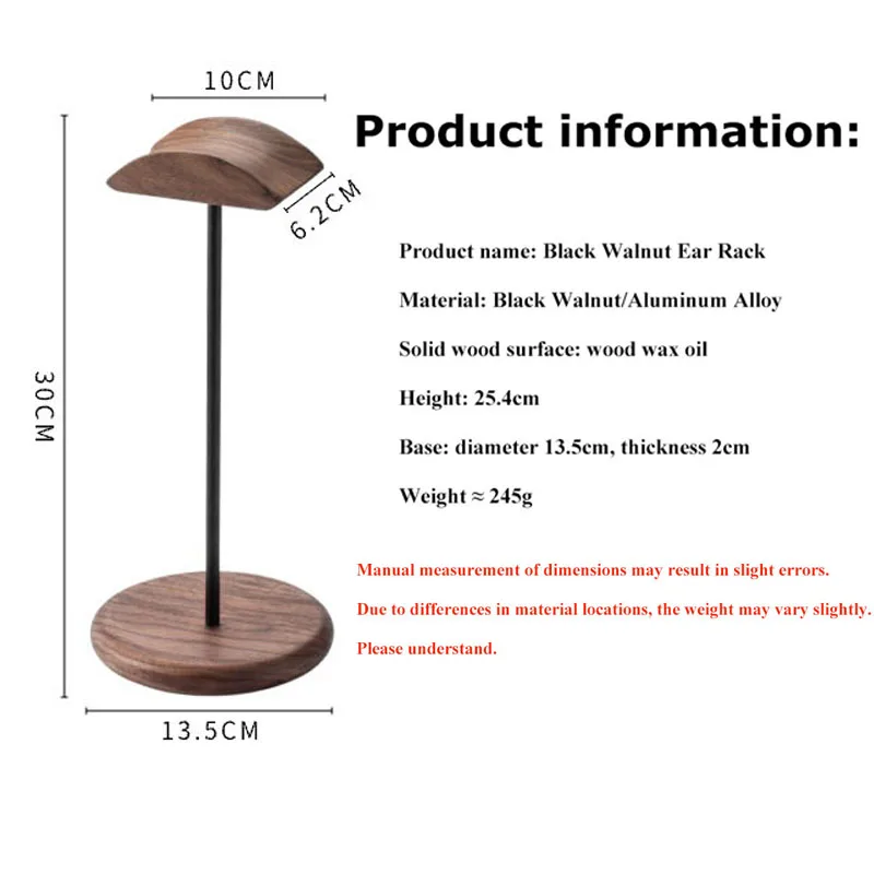 Curved Headphones Stand Walnut Wood +Aluminum Alloy Gaming Headset Holder Desktop Display Shelf with Thickened Anti-slip Base