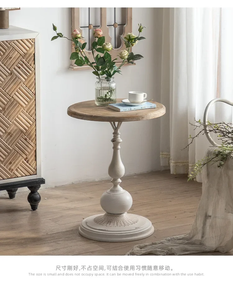 French Vintage Solid Wood Small coffee Table Living Room Corner Table Round side Table Balcony Coffee Tables