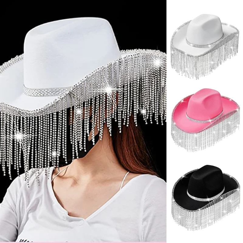 

Cowgirl Hat for Adult Cowboy Hat with Rhinestones Fringe Rave Hats Fit Most Women for Theme Party Black White Pink