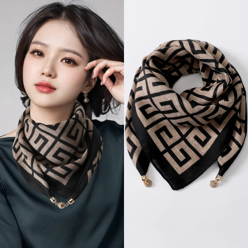 New Warm Square Scarf Magnetic Button Triangle Scarf Cotton Women's Spring, Autumn, And Winter Western Style Neck Style Ve