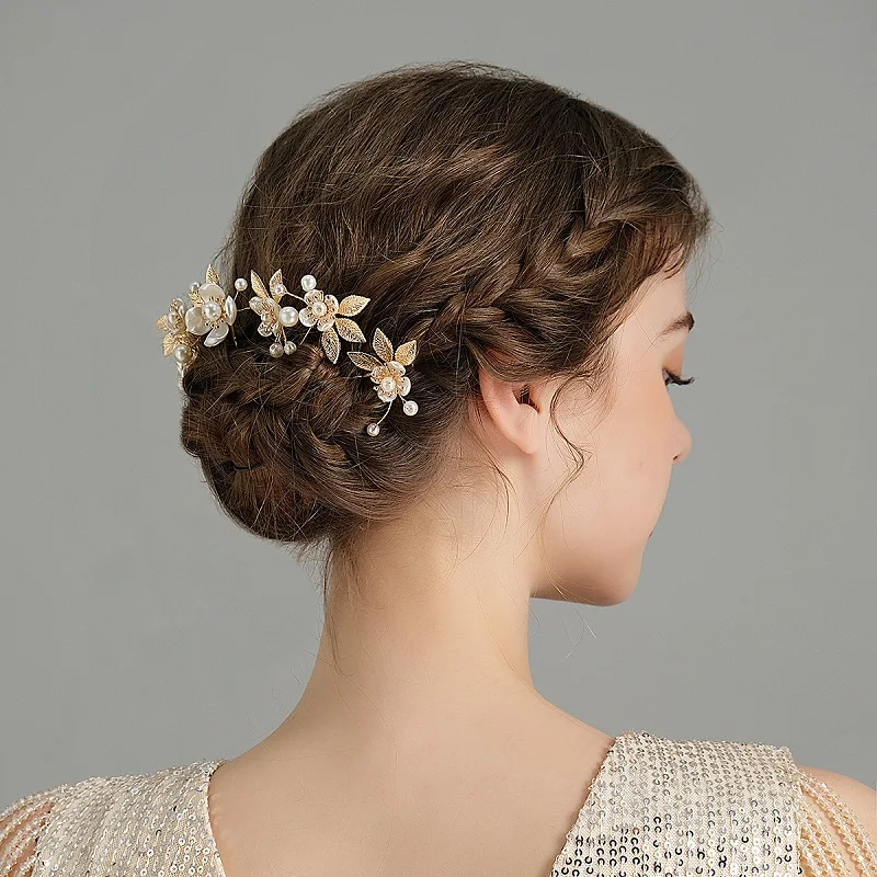 Hair accessory Pearl Flower Hairpin Side Comb Sets Wedding Hair Accessories Leaf Shaped Tiaras Bride Insert Hair Clip Jewelry Fashion Headwear
