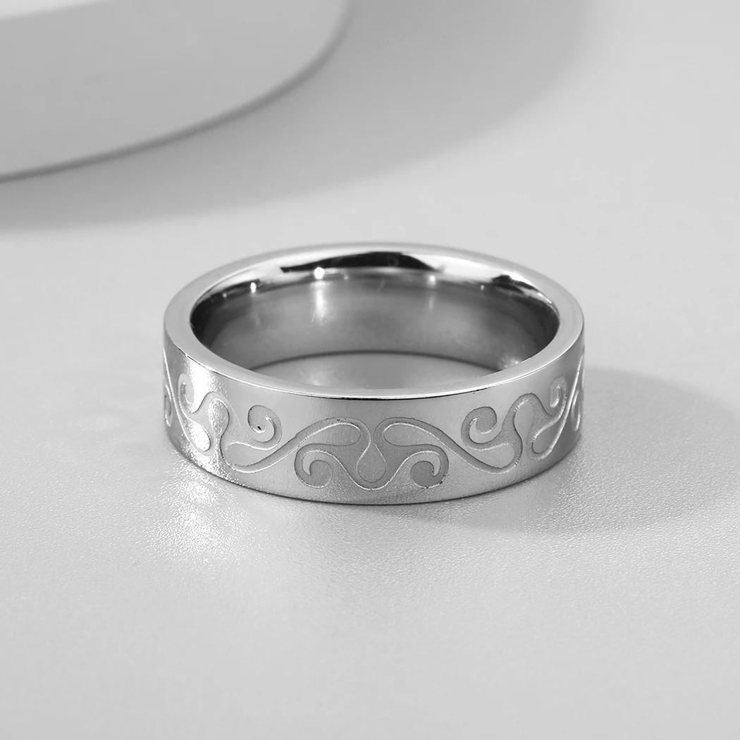 Silver Engraved Ring Mens Band Wave Pattern Ring Geometric 