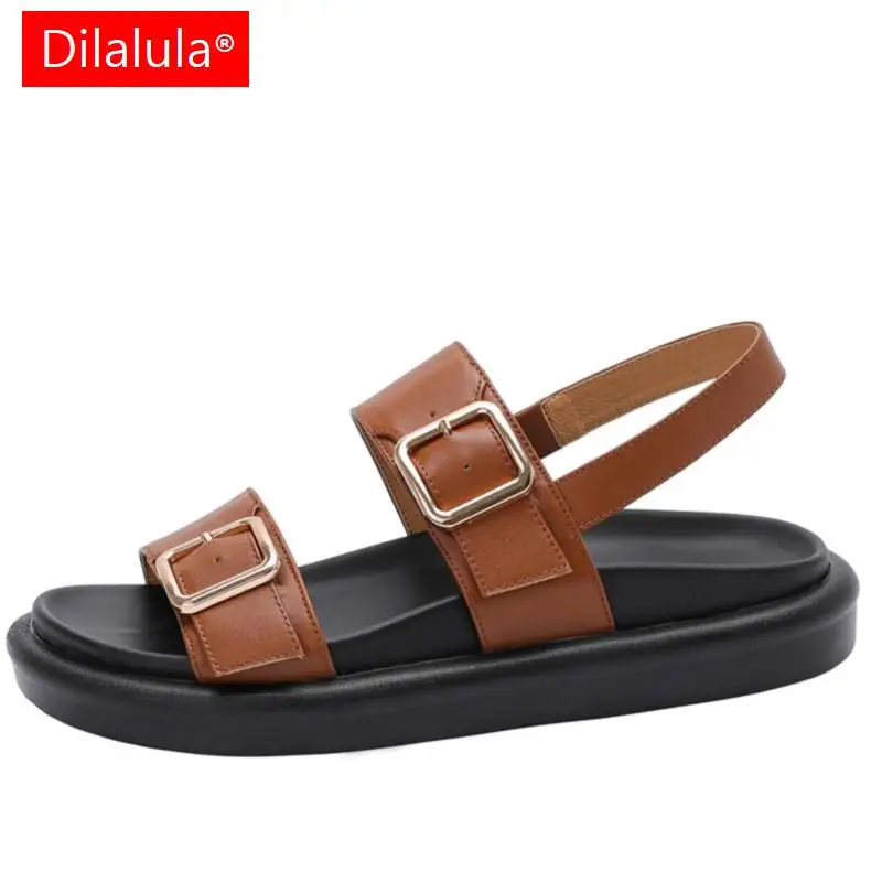 

Dilalula Women Sandals Fashion Metal Buckle Flats Platforms Working Casual Genuine Leather Shoes Woman 2023 Summer Retro Style