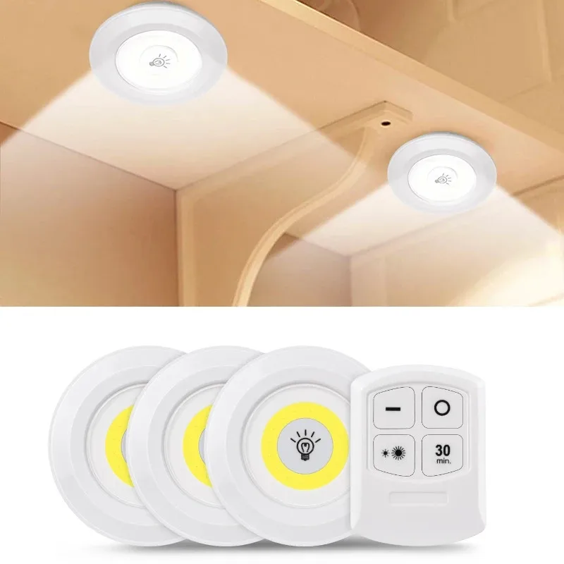 

Суперъяркий Cob-светильник мощностью 3 Вт под шкафчиком, лампа с беспроводным дистанционным управлением, ночник для шкафа с регулируемой яркостью, ночник для дома, спальни, кухни