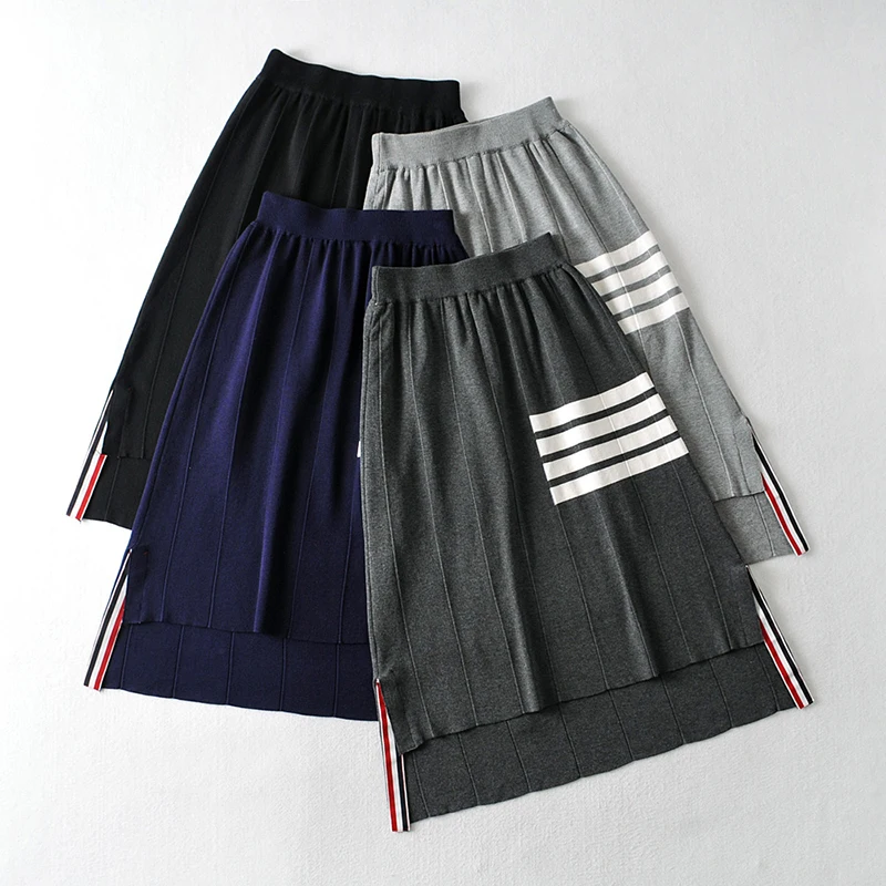 

2023 Summer Women's TB Skirt Package Skirt Split Knitted Skirt Women's Mid-length High-waisted Front Short Back Irregular Skirts